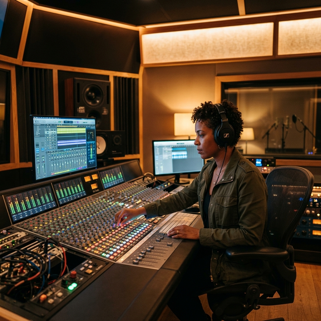 Music producer at studio workstation console
